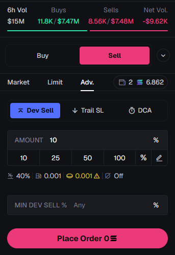 Axiom advanced order panel showing Dev Sell, Trail SL, and DCA order type options with a minimum dev sell percentage field