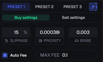 Axiom fee preset panel showing three customizable presets with slippage, priority fee, bribe, and auto fee settings