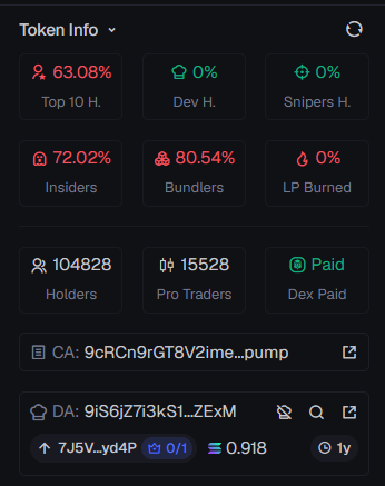 Axiom token info panel showing top holder percentage, dev holding, sniper holding, insider percentage, bundler percentage, LP burned status, and holder count