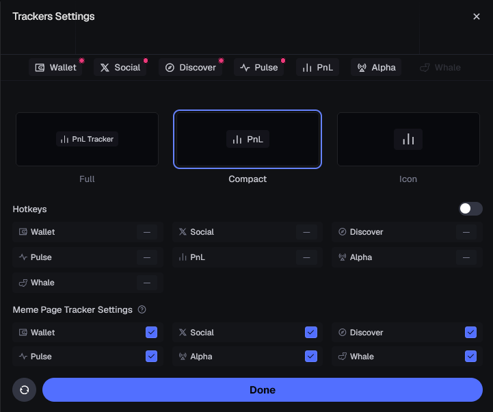 Axiom trackers settings panel showing seven tracker categories: Wallet, Social, Discover, Pulse, Alpha, Whale, and PnL, with hotkey and display options