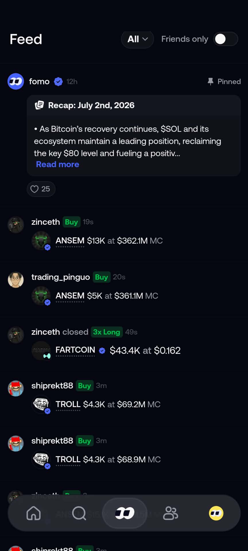 Fomo Feed showing a pinned daily market recap from the Fomo team and live buy/sell entries from individual traders with dollar amounts and token market caps