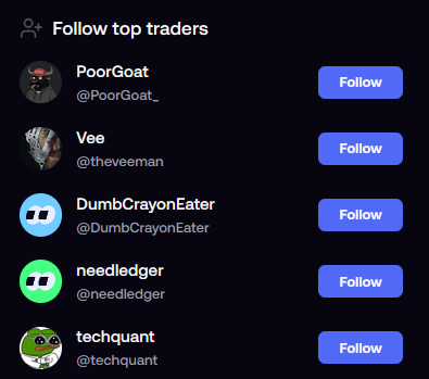 Fomo's Recommended Follows screen showing a curated list of top traders with one-tap Follow buttons