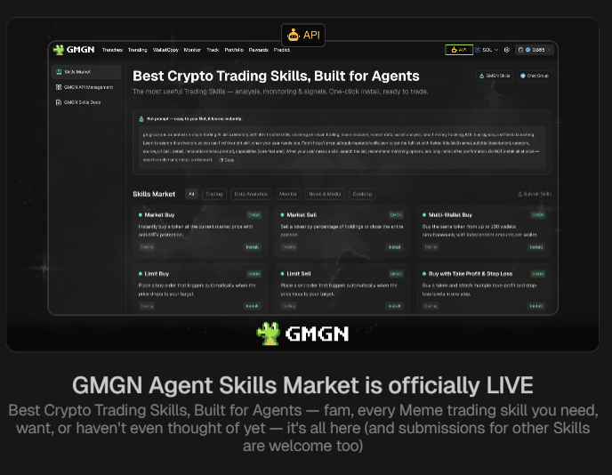 GMGN's Agent Skills Market showing installable AI-agent trading skills including Market Buy, Multi-Wallet Buy, Limit Buy, and Limit Sell with Take Profit and Stop Loss
