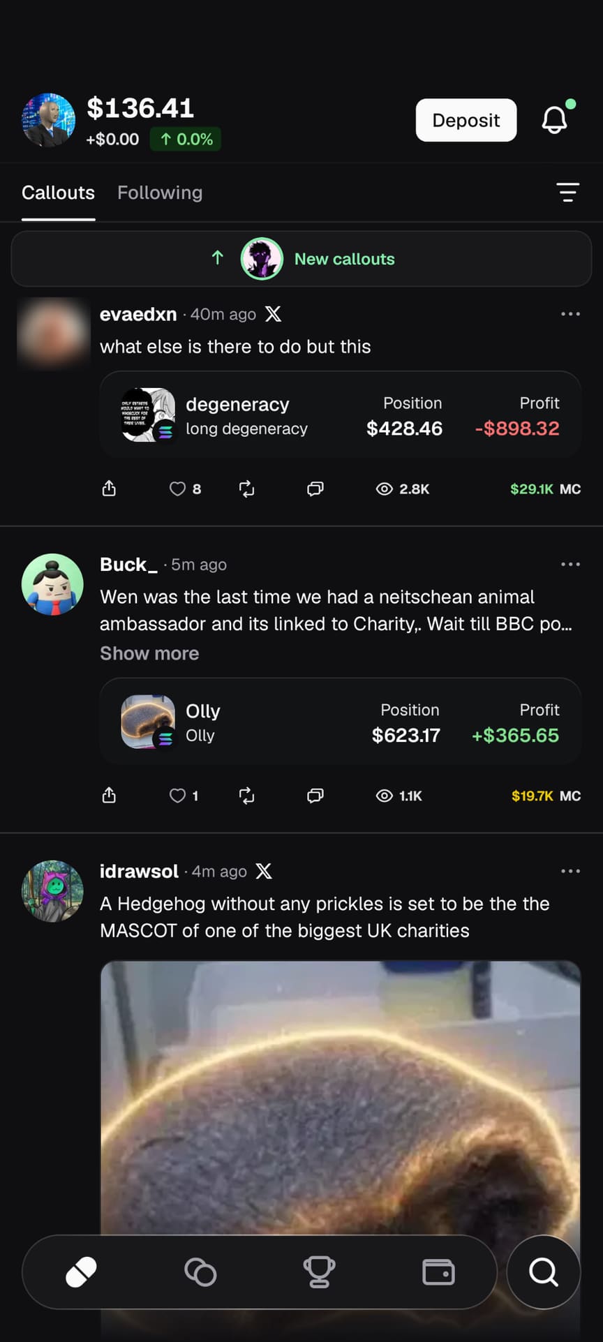 Pump.fun app Callouts feed showing three callouts, each with the caller's message, the coin, the caller's position size and profit or loss, view count and the coin's market cap