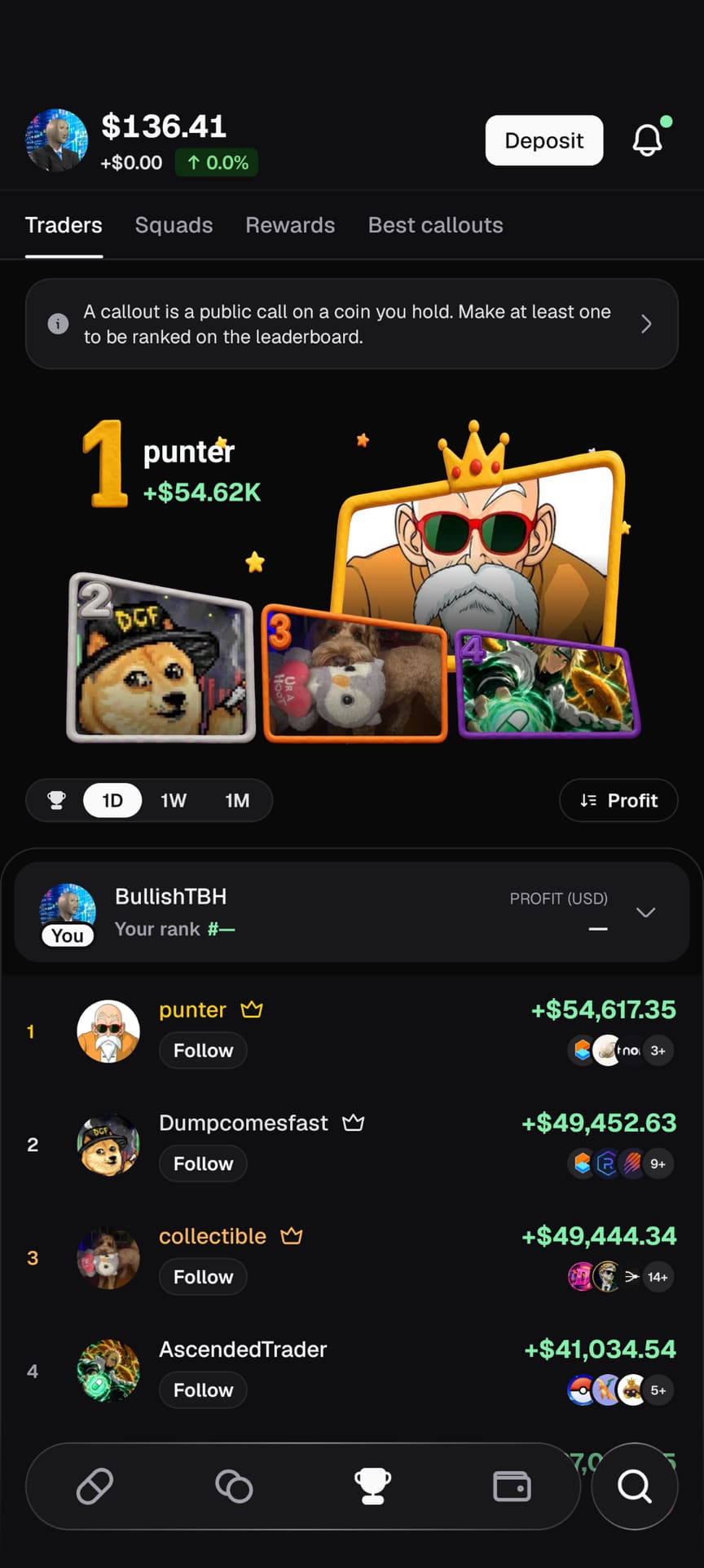 Pump.fun app leaderboard with Traders, Squads, Rewards and Best callouts tabs, a note that one callout is needed to be ranked, daily profit rankings and follow buttons