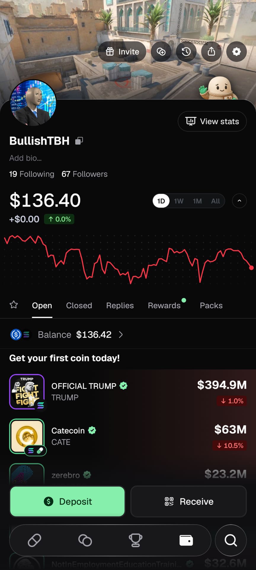 Pump.fun app profile and wallet screen for the account BullishTBH showing balance, a one-day chart, Open, Closed, Replies, Rewards and Packs tabs, and Deposit and Receive buttons