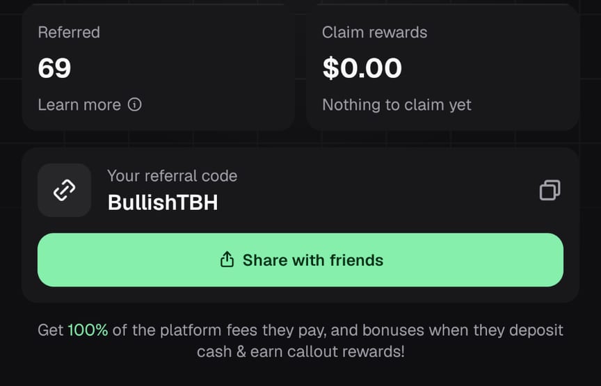 Pump.fun referral rewards screen for this site's account: referral code BullishTBH, 69 accounts referred, $0.00 to claim, a Share with friends button and the line Get 100% of the platform fees they pay